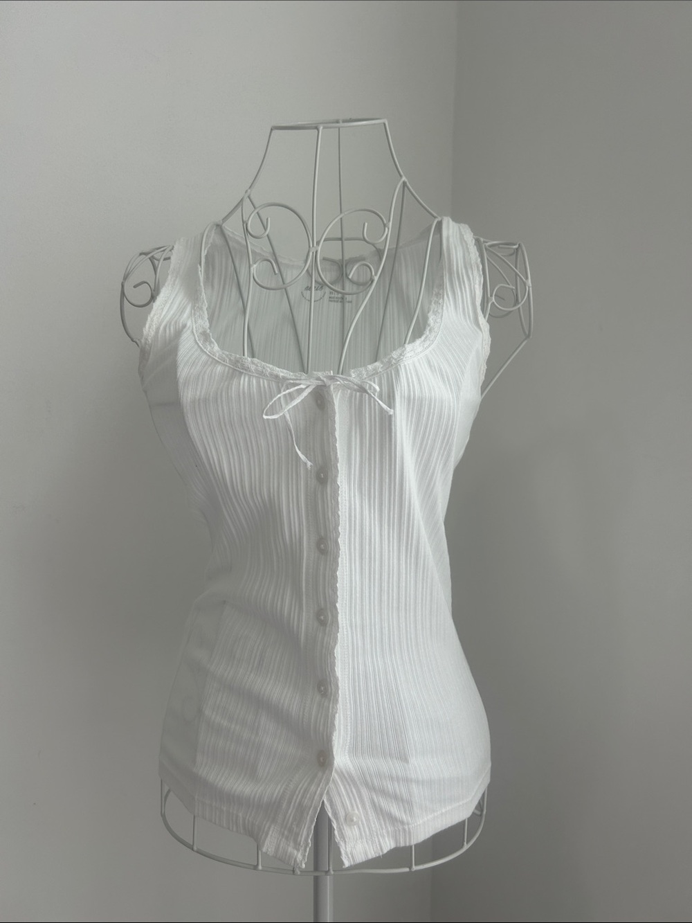 aerie Women's White Ribbed Button-Front Tank Top with Lace Trim